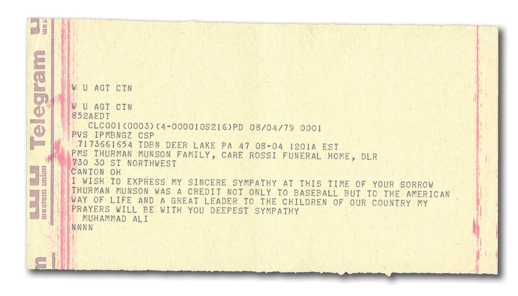 8/4/1979 MUHAMMAD ALI WESTERN UNION TELEGRAM TO THURMAN MUNSONS FAMILY WITH PERSONAL CONDOLENCES FOLLOWING TRAGIC PLANE CRASH (MUNSON FAMILY LOA)