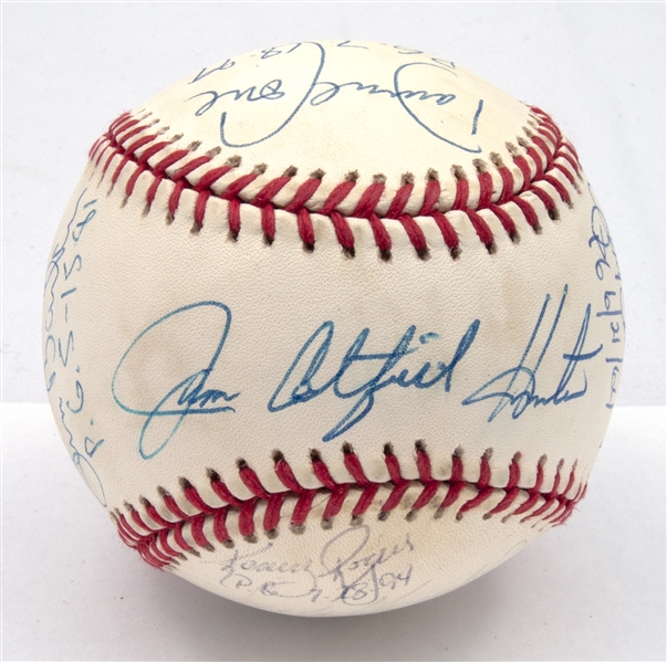 PERFECT GAME PITCHERS MULTI-SIGNED BASEBALL WITH 11 AUTOGRAPHS & NOTATIONS INCL. HUNTER AND KOUFAX