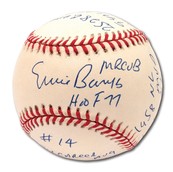 ERNIE BANKS SINGLE SIGNED BASEBALL WITH CAREER STATS NOTATIONS