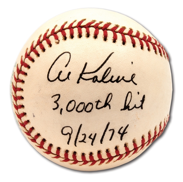 AL KALINE VINTAGE SINGLE SIGNED OAL (MacPHAIL) BASEBALL WITH "3,000TH HIT 9/24/74" NOTATION