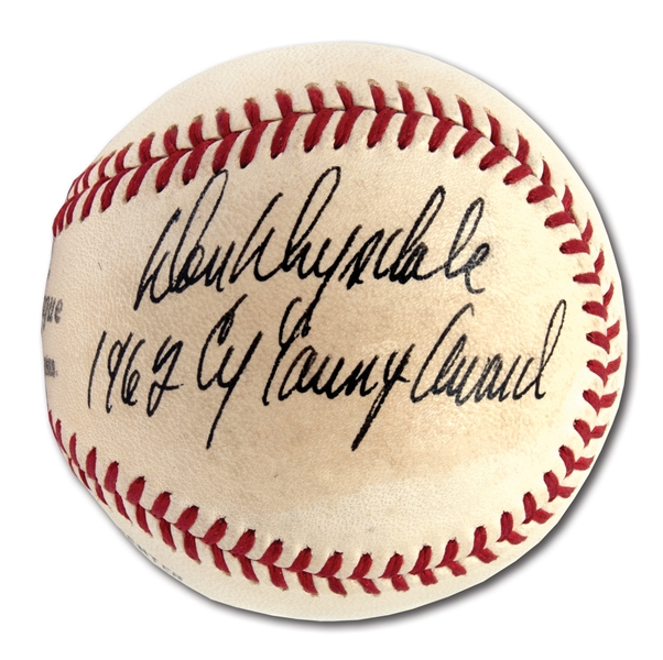 DON DRYSDALE VINTAGE SINGLE SIGNED ONL (GILES) BASEBALL WITH "1962 CY YOUNG AWARD" NOTATION