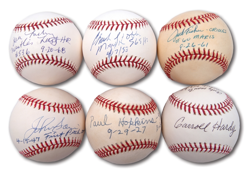 LOT OF (6) SINGLE SIGNED BASEBALLS WITH NOTATIONS REFERENCING SPECIAL ASSOCIATIONS WITH BABE RUTH, JACKIE ROBINSON, MICKEY MANTLE, ROGER MARIS AND TED WILLIAMS