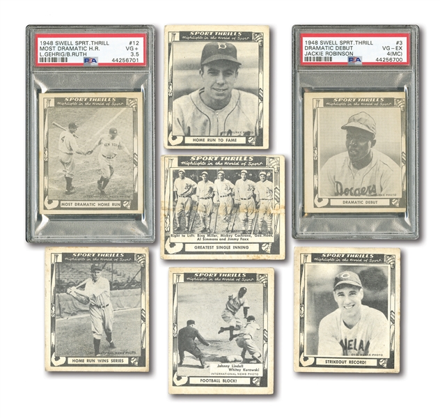 1948 SWELL GUM "SPORTS THRILLS" LOT OF (6) INCL. PSA GRADED #3 JACKIE ROBINSON RC (DRAMATIC DEBUT) PLUS "BABE RUTH STORY" PARTIAL SET (11/28)
