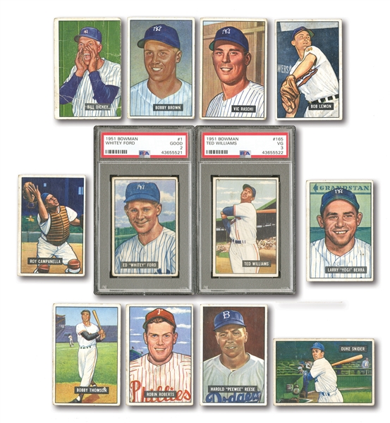 1951 BOWMAN STARTER SET (59/324) INCL. PSA GRADED #1 WHITEY FORD ROOKIE AND #165 TED WILLIAMS