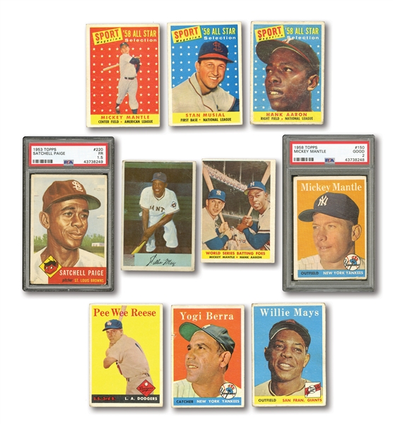 1953-65 CARD LOT OF (27) HALL OF FAMERS INCL. PSA GRADED 53 TOPPS PAIGE & 58 TOPPS MANTLE