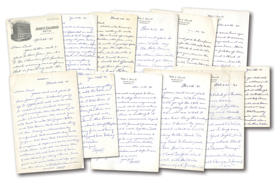 1940-41 RABBIT MARANVILLE COLLECTION OF (12) HANDWRITTEN & SIGNED LETTERS AS MANAGER OF SPRINGFIELD NATIONALS PLUS ADDITIONAL DOCS/CORRESPONDENCE