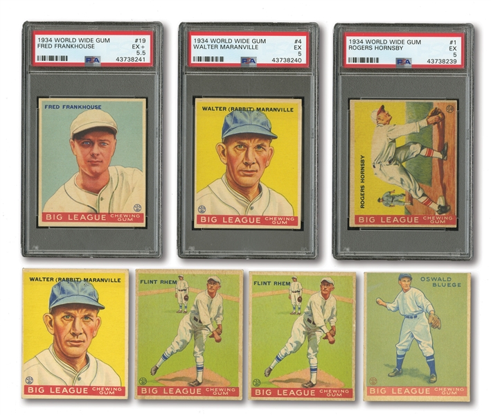 1933 & 1934 WORLD WIDE GUM LOT OF (7) INCL. #1 HORNSBY AND #4 MARANVILLE (BOTH PSA EX 5)