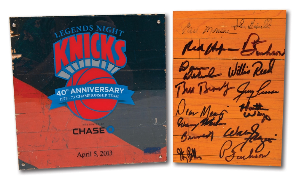 1972-73 NEW YORK KNICKS (WORLD CHAMPIONS) GAME USED MADISON SQUARE GARDEN FLOOR PIECES INCL. ONE TEAM SIGNED (RED HOLZMAN COLLECTION)