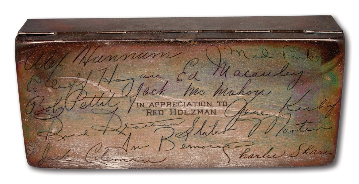 RED HOLZMANS 1957 ST. LOUIS HAWKS HONORARY STERLING SILVER CIGARETTE BOX (HOLZMAN COLLECTION)