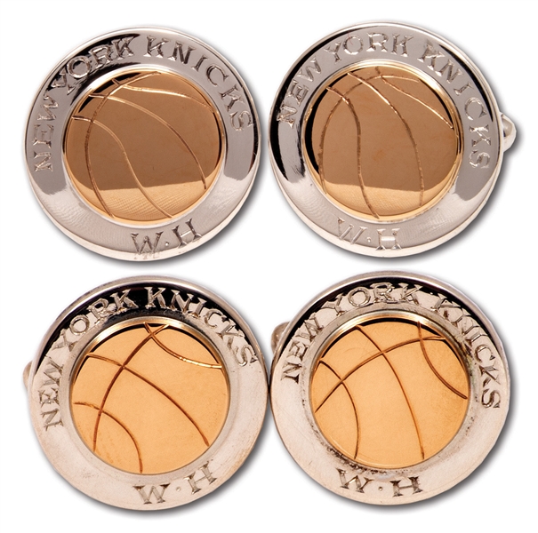 RED HOLZMANS 1970 AND 1973 NEW YORK KNICKS WORLD CHAMPION CUFFLINKS (TWO PAIRS) MADE OF 18K GOLD & STERLING SILVER BY TIFFANY & CO. (HOLZMAN COLLECTION)