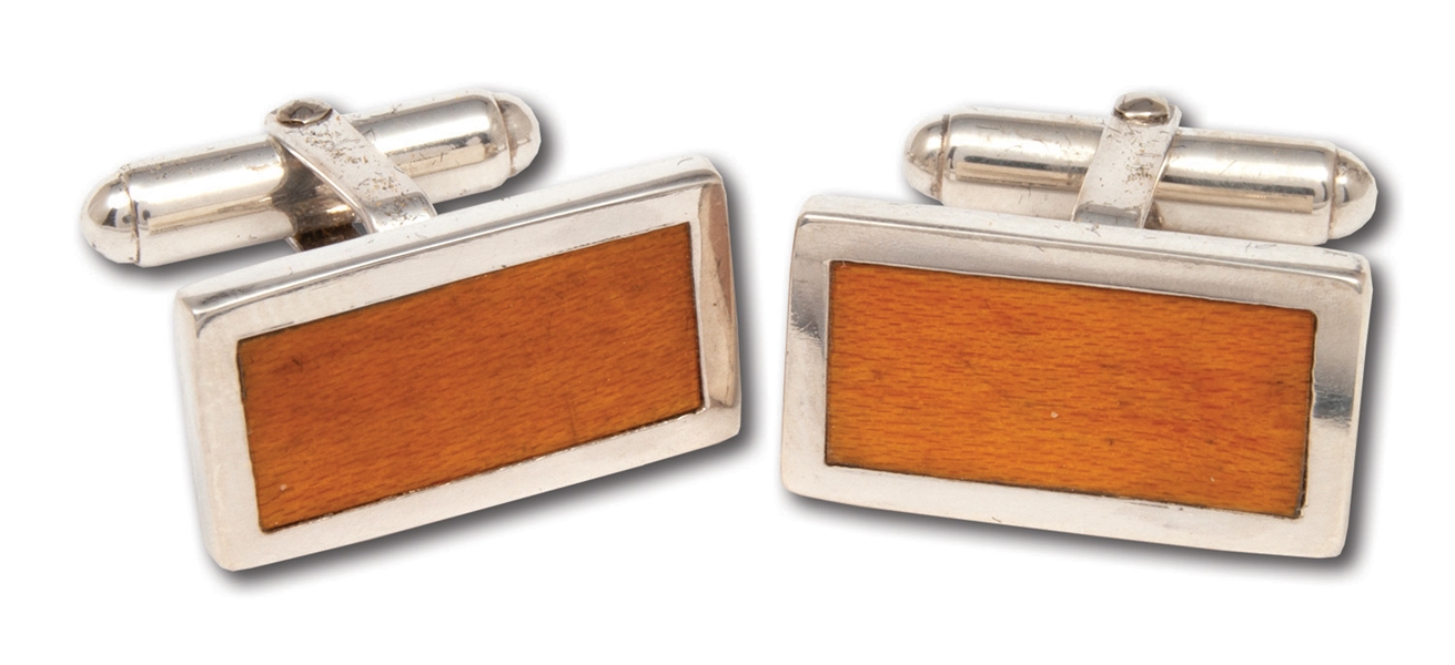RED HOLZMANS "MSG" STERLING SILVER CUFFLINKS MADE WITH MADISON SQUARE GARDEN VINTAGE FLOOR PIECES (HOLZMAN COLLECTION)