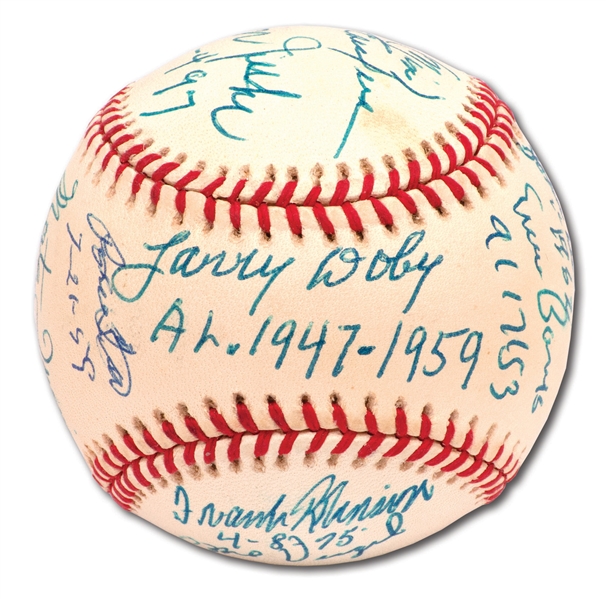 "INTEGRATORS" MULTI-SIGNED JACKIE ROBINSON COMMEMORATIVE BASEBALL SIGNED BY (12) PLAYERS WHO BROKE BASEBALL COLOR BARRIERS (PSA/DNA NM-MT+ 8.5)