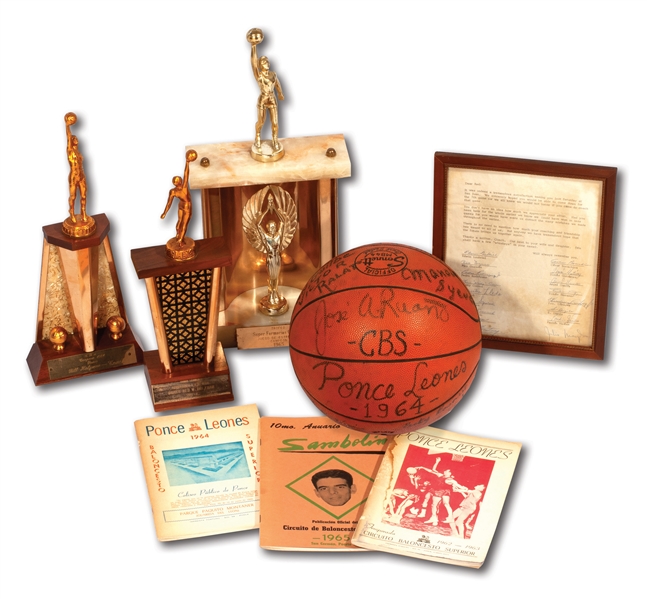 RED HOLZMANS 1963-67 PONCE LEONES LOT OF (3) BSN CHAMPION TROPHIES, 64 TEAM SIGNED GAME BALL AND EPHEMERA FROM HIS PUERTO RICO COACHING ERA (HOLZMAN COLLECTION)