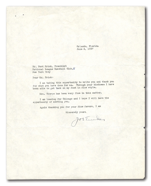 1937 JOE TINKER TYPED SIGNED LETTER TO FORD C. FRICK