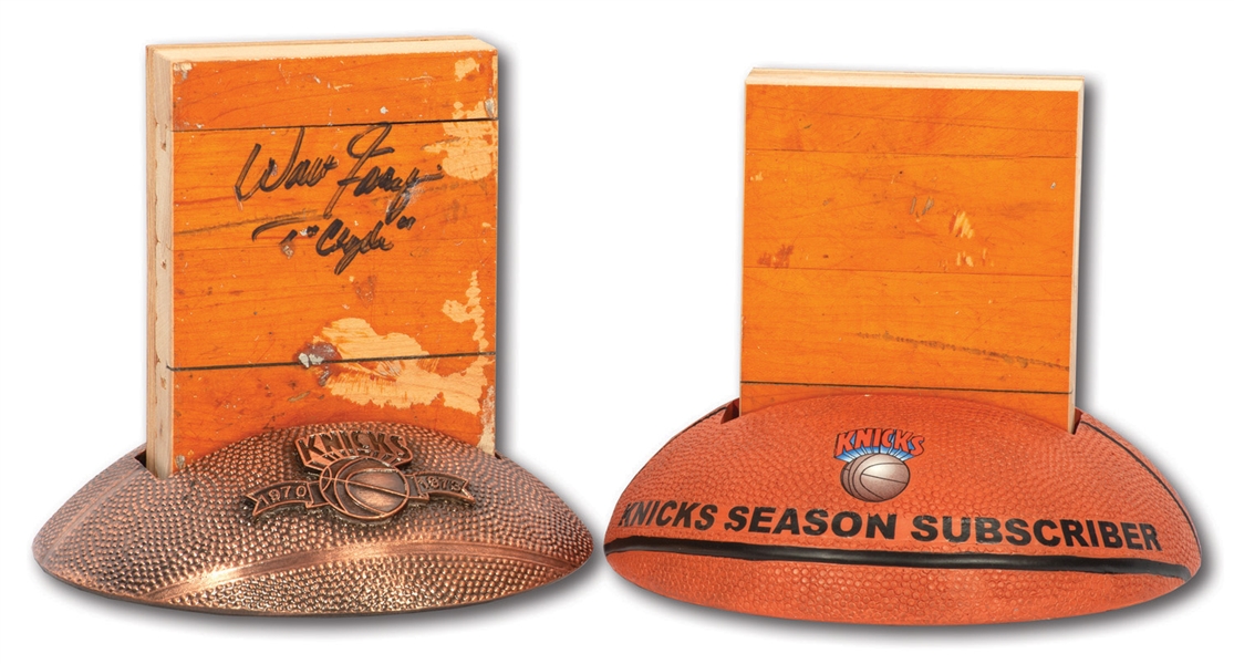 RED HOLZMANS PAIR OF MSG FLOOR PIECES INCL. ONE SIGNED BY WALT FRAZIER IN BRONZED DISPLAY STAND CELEBRATING KNICKS 1970 & 1973 TITLES (HOLZMAN COLLECTION)
