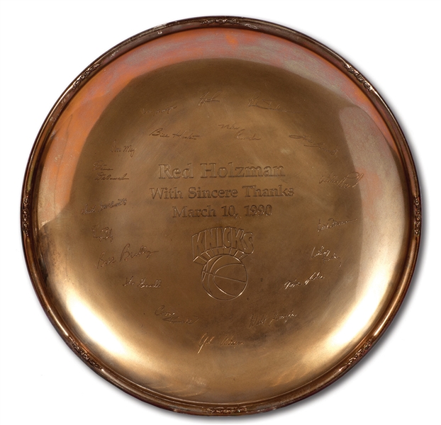 RED HOLZMANS NEW YORK KNICKS STERLING SILVER PRESENTATION PLATE WITH ENGRAVED SIGNATURES FROM THE GREATEST PLAYERS HE COACHED (HOLZMAN COLLECTION)