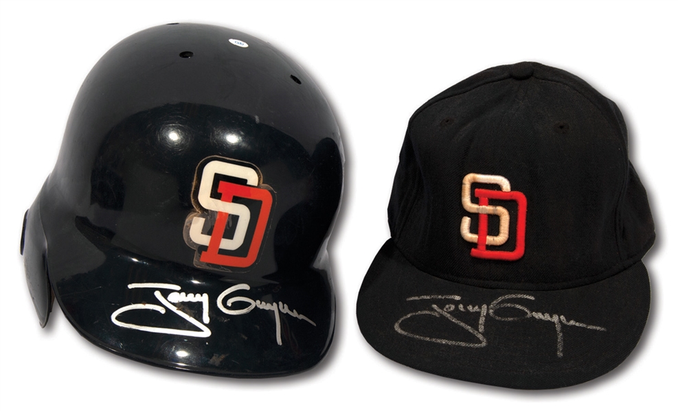 7/29/1998 TONY GWYNN SIGNED SAN DIEGO PADRES 4-HIT GAME USED BATTING HELMET AND CAP - EACH INSCRIBED W/ CAREER HIT #S