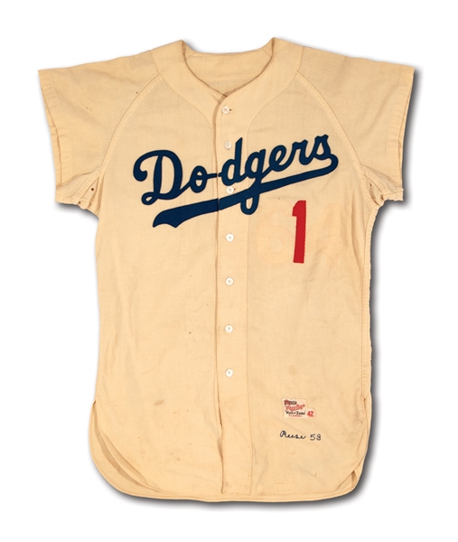 1959 PEE WEE REESE LOS ANGELES DODGERS (COACH) GAME WORN HOME JERSEY - 1ST WORLD SERIES ON WEST COAST (MEARS)