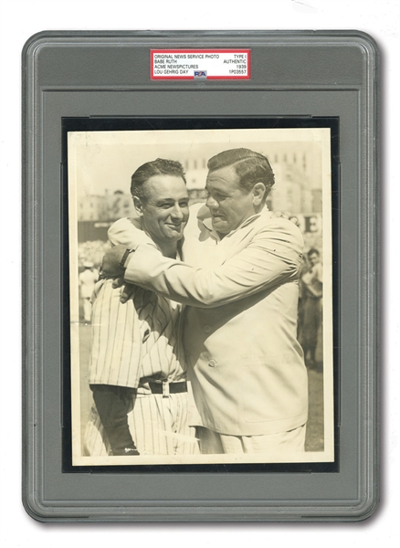 ICONIC JULY 4, 1939 BABE RUTH AND LOU GEHRIG ORIGINAL 7x9 PRESS PHOTOGRAPH (PSA/DNA TYPE I) FROM LOU GEHRIG DAY TAKEN JUST AFTER "LUCKIEST MAN" SPEECH - ALSO 1962 TOPPS #140 CARD MATCH!