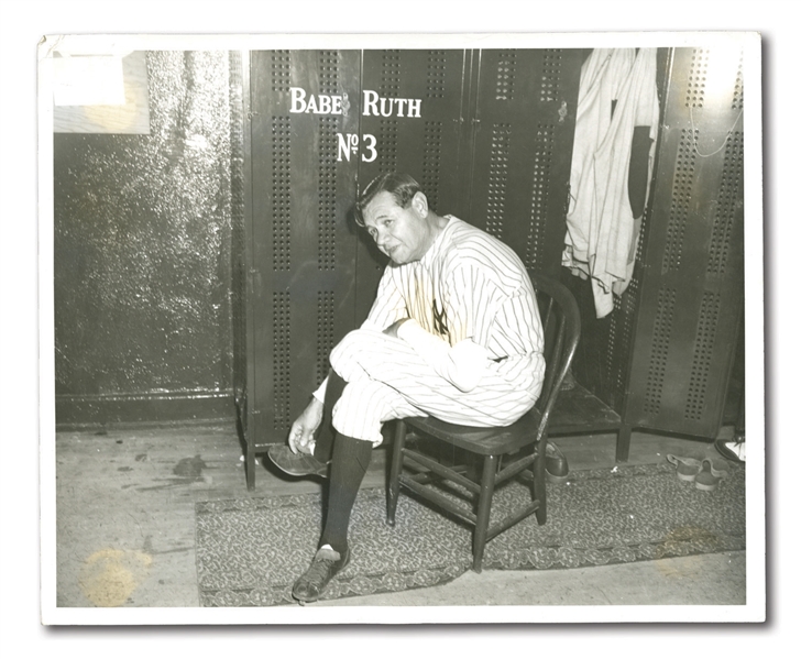 JUNE 13, 1948 BABE RUTH DAY ORIGINAL PHOTO – REMOVES YANKEE PINSTRIPES FOR FINAL TIME ON THE DAY HIS #3 IS RETIRED (FROM RUTH’S PERSONAL PHOTO ALBUM, PINSTRIPE DYNASTY COLLECTION)
