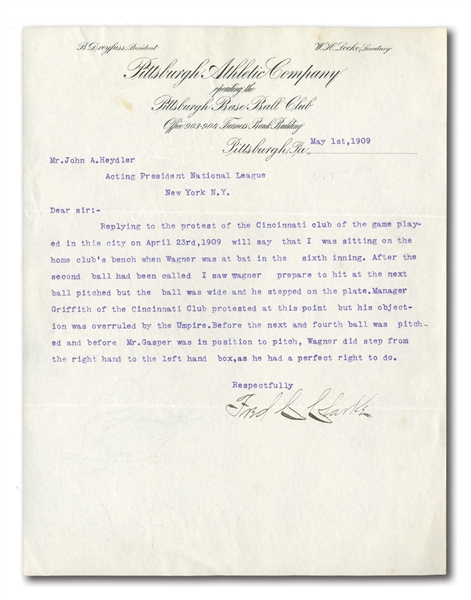 1909 FRED CLARKE TYPED SIGNED LETTER TO NL PRESIDENT JOHN HEYDLER DEFENDING HONUS WAGNER IN PROTESTED 4/23/09 GAME