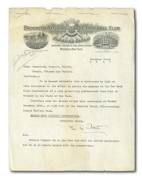 1917 CHARLES EBBETS TYPED SIGNED LETTER TO JACOB RUPPERT (ET AL.) REGARDING NEW BILL TO ALLOW PROFESSIONAL BASEBALL ON SUNDAYS IN NEW YORK STATE