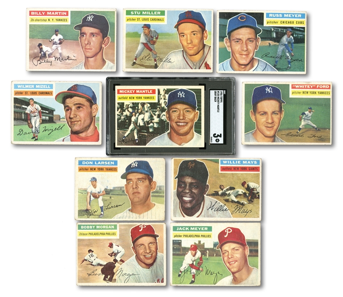 1956 TOPPS LOT OF (10) INCL. #135 MICKEY MANTLE SGC VG 3