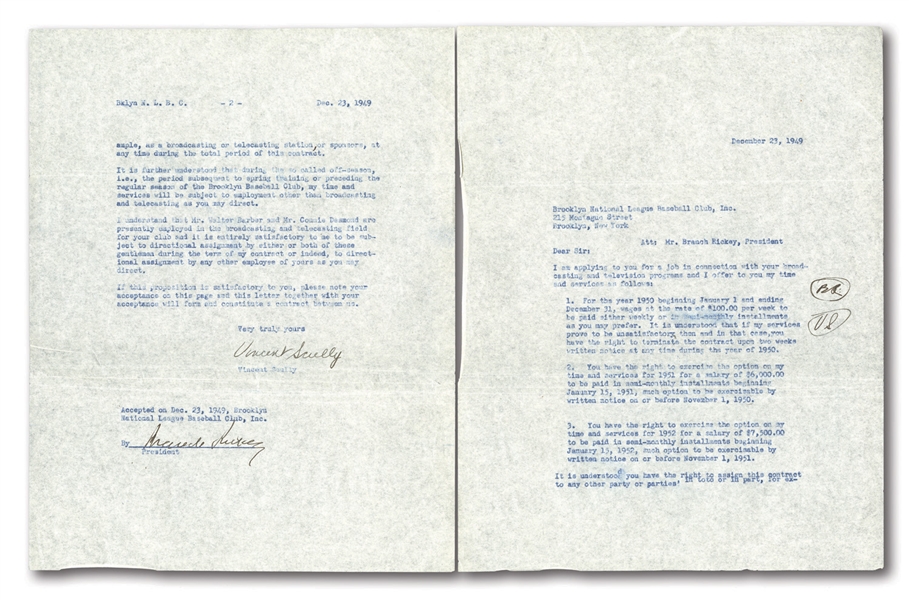 VIN SCULLYS FIRST BROOKLYN DODGERS CONTRACT (12/23/1949) SIGNED BY SCULLY AND BRANCH RICKEY THAT BEGAN HIS 67-YEAR BROADCAST CAREER!