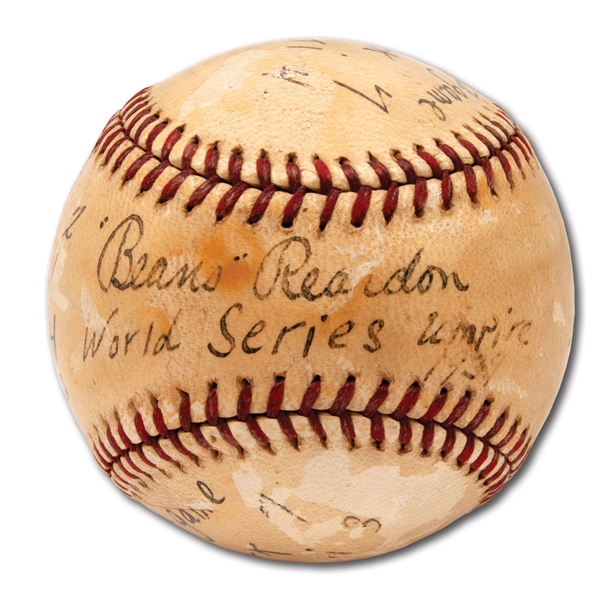 1939 WORLD SERIES (YANKEES SWEPT REDS) GAME USED ONL (FRICK) BASEBALL AUTOGRAPHED BY UMPIRE "BEANS" REARDON WITH STAT NOTATIONS