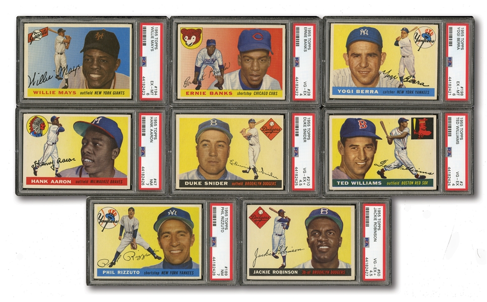 1955 TOPPS LOT OF (8) PSA GRADED HALL OF FAMERS INCL. #47 AARON (NM 7) AND #194 MAYS (EX-MT 6)
