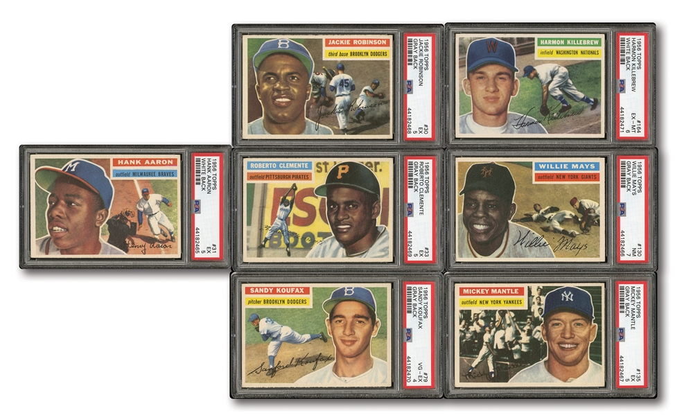 1956 TOPPS LOT OF (7) PSA GRADED HALL OF FAMERS INCL. #135 MANTLE (EX 5) AND #130 MAYS (NM 7)