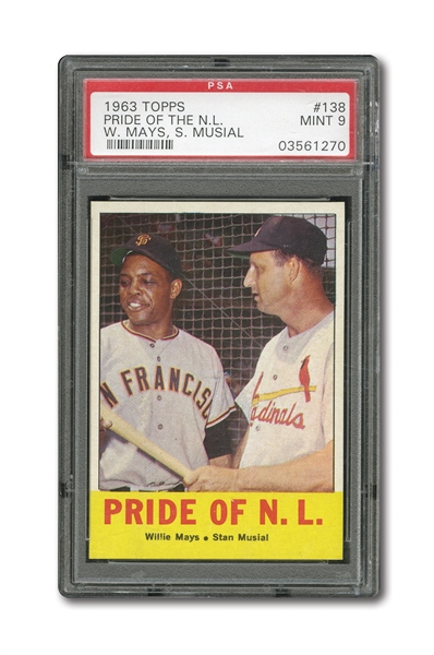 1963 TOPPS #138 MAYS/MUSIAL (PRIDE OF THE N.L.) PSA MINT 9