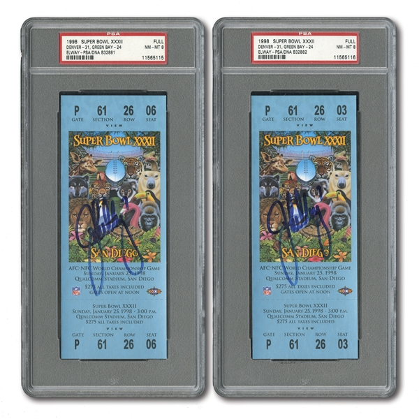 LOT OF (2) TROY AIKMAN SIGNED 1993 SUPER BOWL XXVII FULL TICKETS AND (4) JOHN ELWAY SIGNED 1998 SUPER BOWL XXXII FULL TICKETS - ALL PSA NM-MT 8 OR BETTER