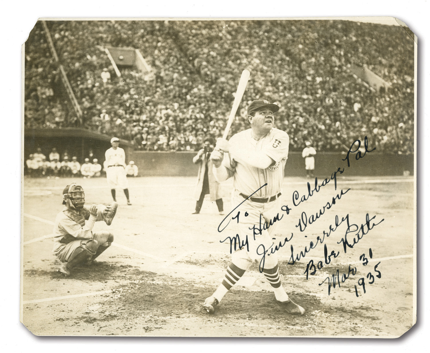 Lot Detail - BABE RUTH SIGNED 1934 TOUR OF JAPAN ORIGINAL (8.75 BY 10.5)  PHOTOGRAPH DATED & INSCRIBED TO HIS HAM & CABBAGE PAL (PSA/DNA MINT 9)