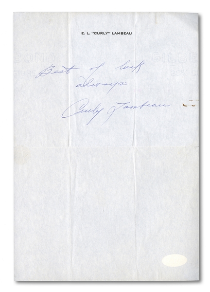 CURLY LAMBEAU SIGNED AND INSCRIBED PERSONAL LETTERHEAD PAGE - SUPER RARE!