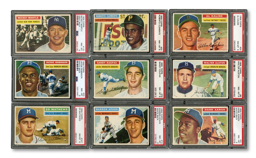 1956 TOPPS COMPLETE SET OF (342) RANKED #21 ON PSA REGISTRY WITH 8.015 SET RATING - ALL CARDS GRADED PSA NM-MT 8 OR BETTER!