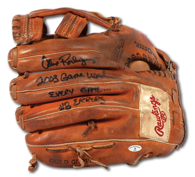 2003 ALEX RODRIGUEZ SIGNED & INSCRIBED RAWLINGS FIELDERS GLOVE USED EVERY GAME DURING 1ST MVP SEASON (PSA/DNA TAUBE & ESKEN)
