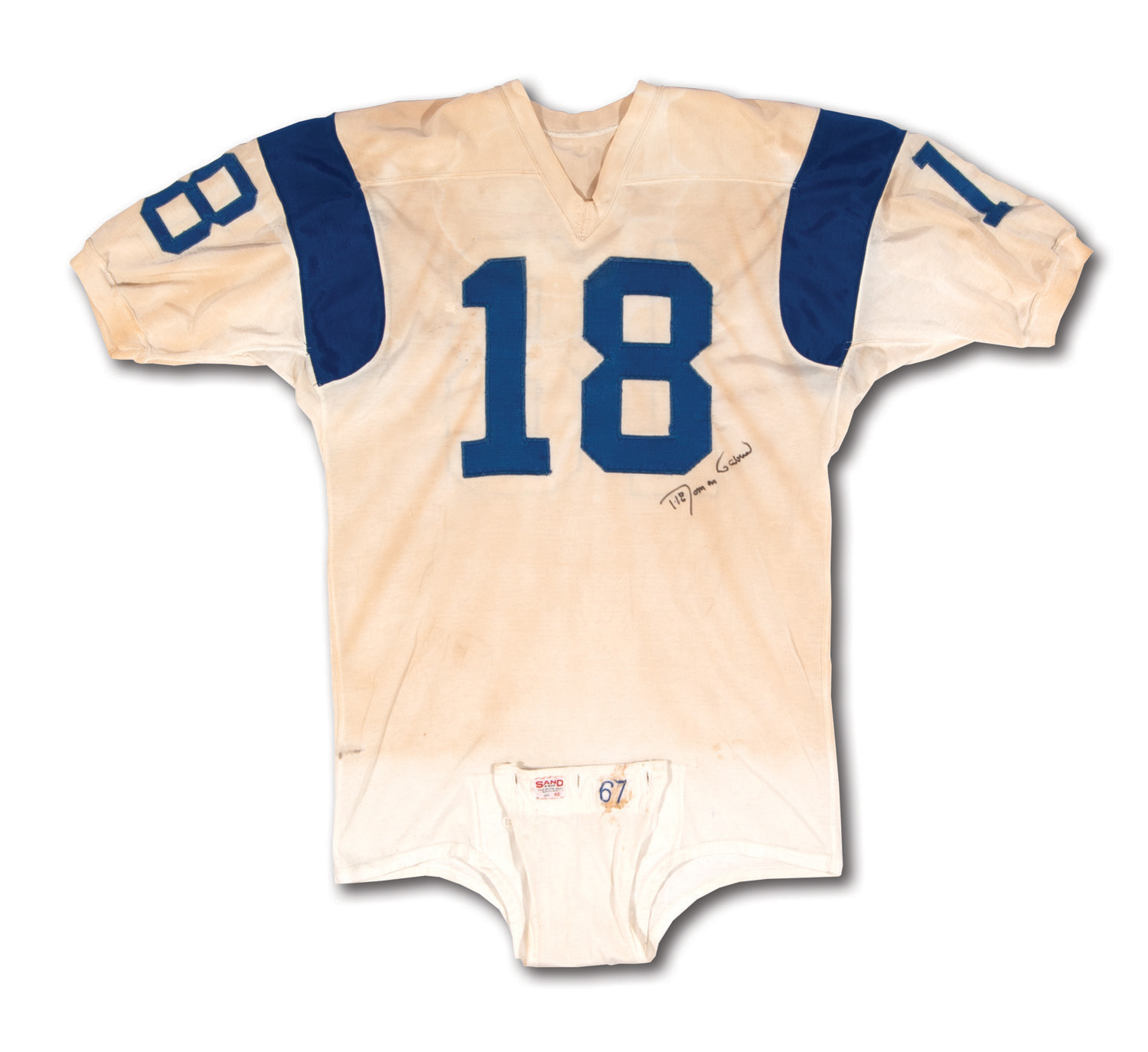 Lot Detail - 1967 ROMAN GABRIEL AUTOGRAPHED LOS ANGELES RAMS GAME WORN  WHITE DURENE HOME JERSEY (MEARS A10)