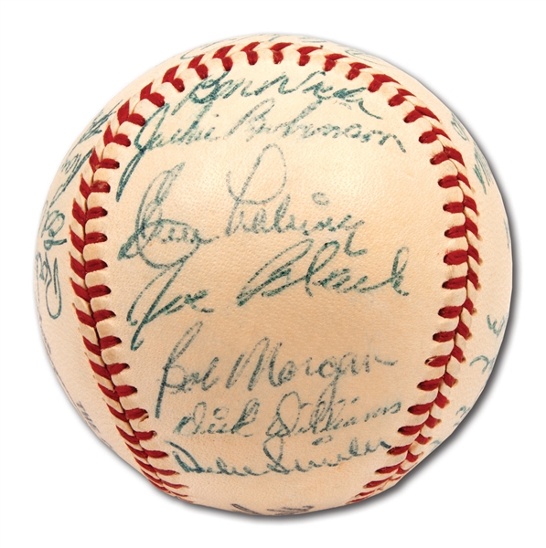 1952 BROOKLYN DODGERS N.L. CHAMPION TEAM SIGNED ONL (GILES) BASEBALL WITH JACKIE & CAMPY - PSA/DNA 8 OVERALL (RAY SCARBOROUGH COLLECTION)
