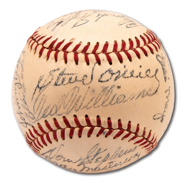1951 BOSTON RED SOX TEAM SIGNED OAL (HARRIDGE) BASEBALL FROM RAY SCARBOROUGH COLLECTION