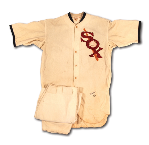 1933 CHICAGO WHITE SOX GAME WORN HOME JERSEY (PLAYER UNKNOWN) AND 1934 JOHN POMORSKI GAME WORN PANTS