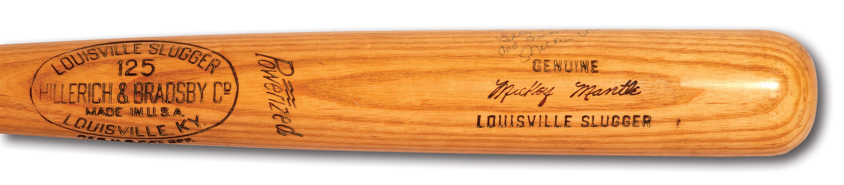 1957 MICKEY MANTLE SIGNED & INSCRIBED HILLERICH & BRADSBY PROFESSIONAL MODEL M110 GAME ISSUED BAT (PSA/DNA TAUBE LOA)