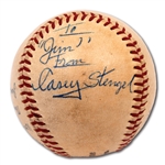1958 WORLD SERIES (YANKEES/BRAVES) "FIRST BALL THROWN OUT" SIGNED BY MANAGERS FRED HANEY AND CASEY STENGEL (PSA/DNA 8 AUTO. GRADE)