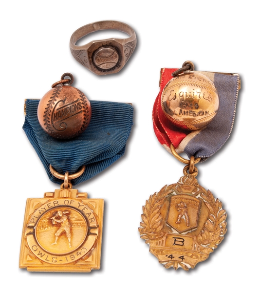1943-44 BILLY PIERCE HIGH SCHOOL BASEBALL AWARD JEWELRY INCL. ESQUIRE ALL-AMERICAN CHARM & TWO MVP MEDALLIONS - 5 TOTAL ITEMS (PIERCE FAMILY LOA)