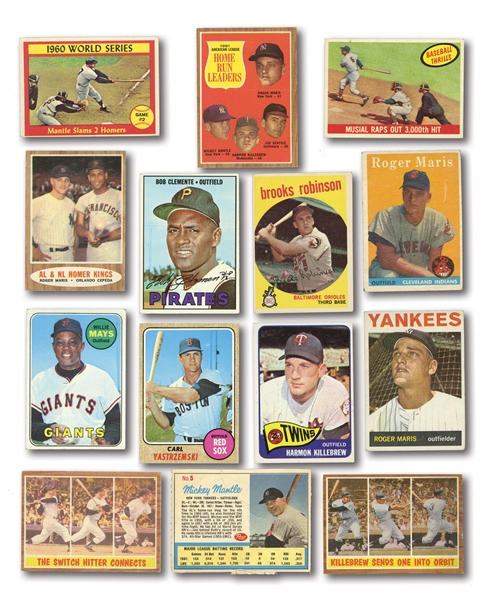 1958-78 TOPPS BASEBALL LOT OF (19) HALL OF FAMERS & STARS PLUS 1962 POST CEREAL #5 MICKEY MANTLE