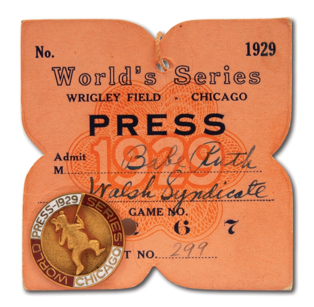 BABE RUTHS PERSONAL 1929 WORLD SERIES PRESS PIN WITH ORIGINAL CARDBOARD BACKING (RUTH FAMILY LOA)