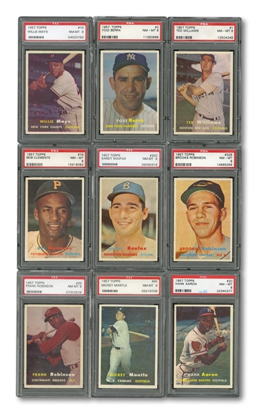 1957 TOPPS COMPLETE SET OF (407) RANKED #21 ON PSA REGISTRY WITH 8.017 SET RATING - ALL CARDS GRADED PSA NM-MT 8 OR BETTER!