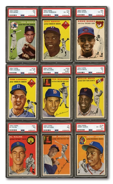 1954 TOPPS BASEBALL COMPLETE SET OF (250) WITH ALL KEY CARDS PSA GRADED INCL. AARON, BANKS & KALINE ROOKIES