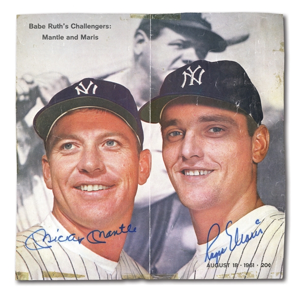 MICKEY MANTLE AND ROGER MARIS DUAL-SIGNED LIFE MAGAZINE PARTIAL COVER AND 1977 SPORTSCASTER CARD
