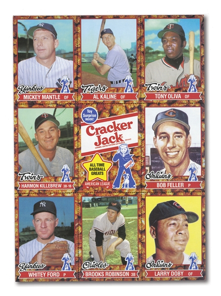 PAIR OF 1982 CRACKER JACK ALL-TIME GREATS UNCUT PANELS PLUS MICKEY MANTLE AUTOGRAPHED CARD